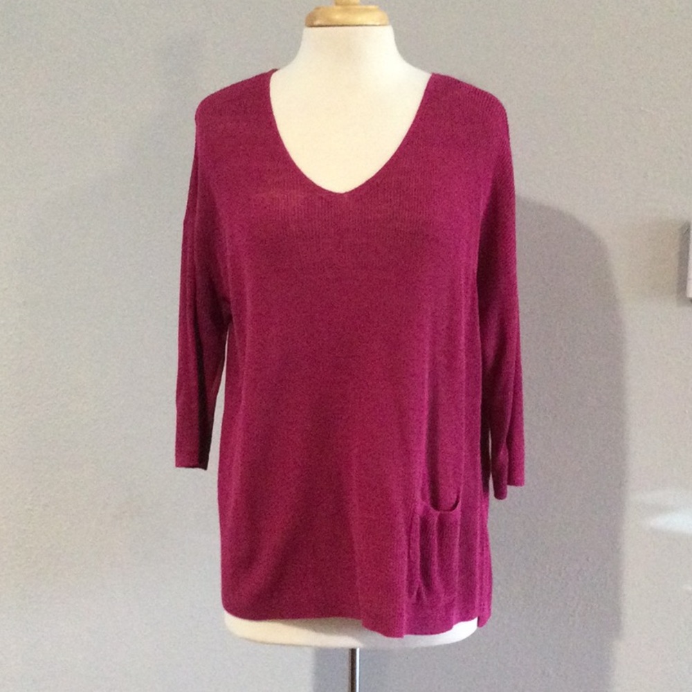 J. Jill Fuchsia Linen/Rayon Blend Lightweight High-Low Pocket V-Neck Sweater L